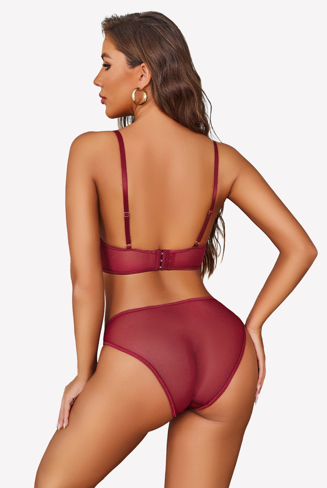 Burgundy lace bra and panty set with adjustable straps and floral design, perfect for confidence.