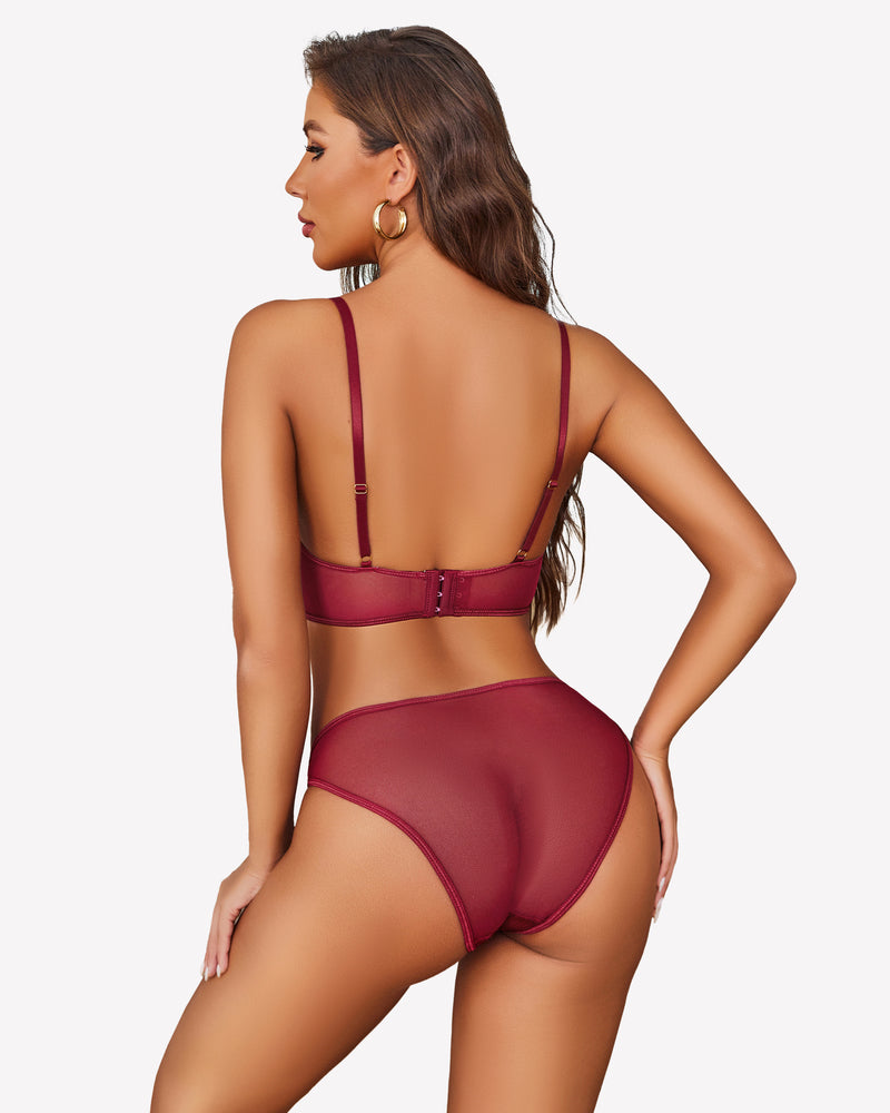 Burgundy lace bra and panty set with adjustable straps and floral design, perfect for confidence.