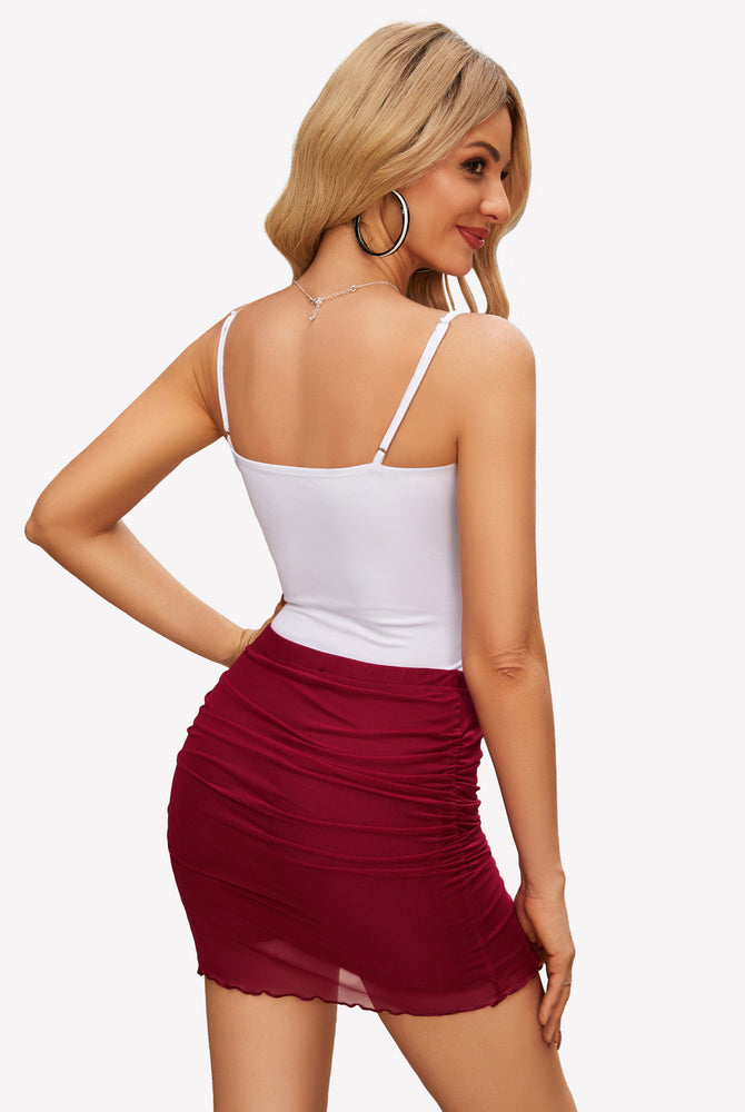 Burgundy ruched bodycon skirt with white top. Double-layered, suitable for parties and daily wear.