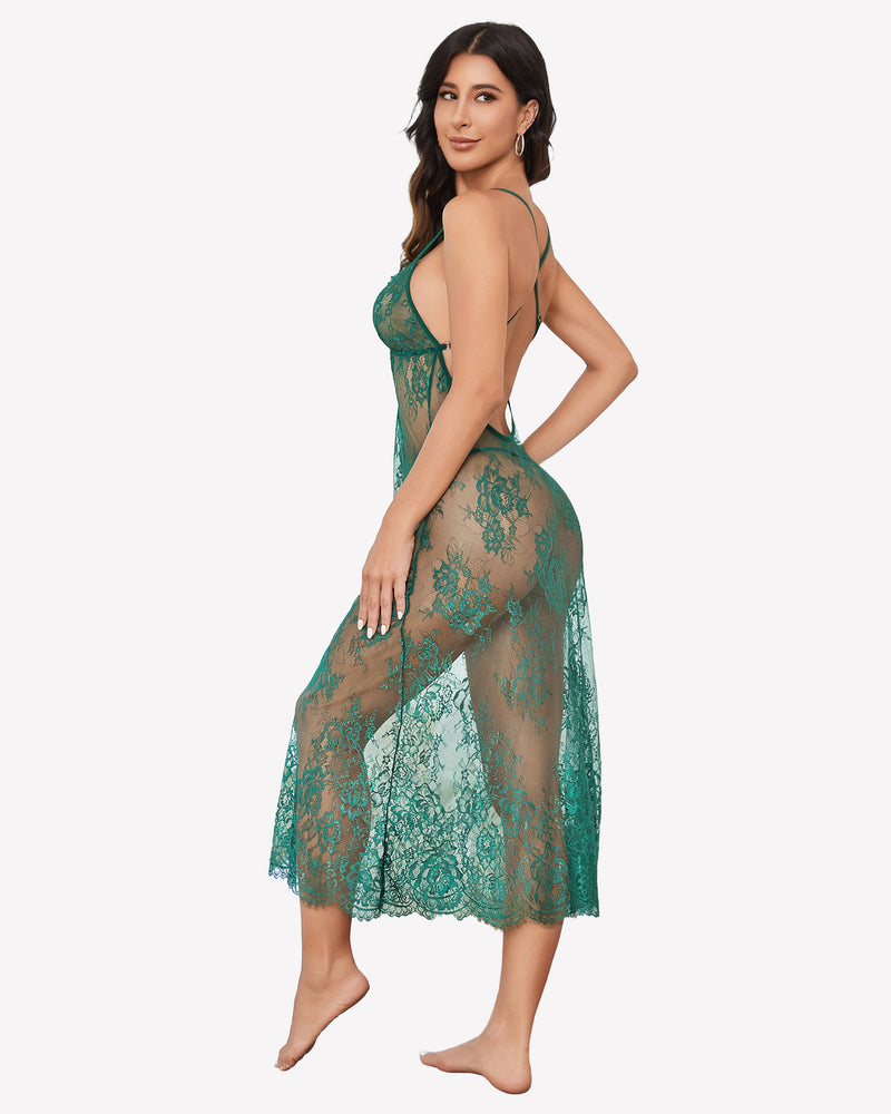 Green floral lace halter lingerie dress with adjustable straps, perfect for intimate moments