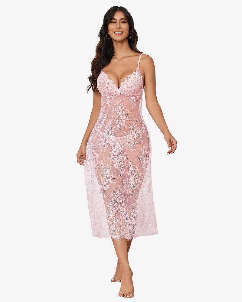 Pink floral lace halter lingerie dress with adjustable straps, perfect for intimate moments