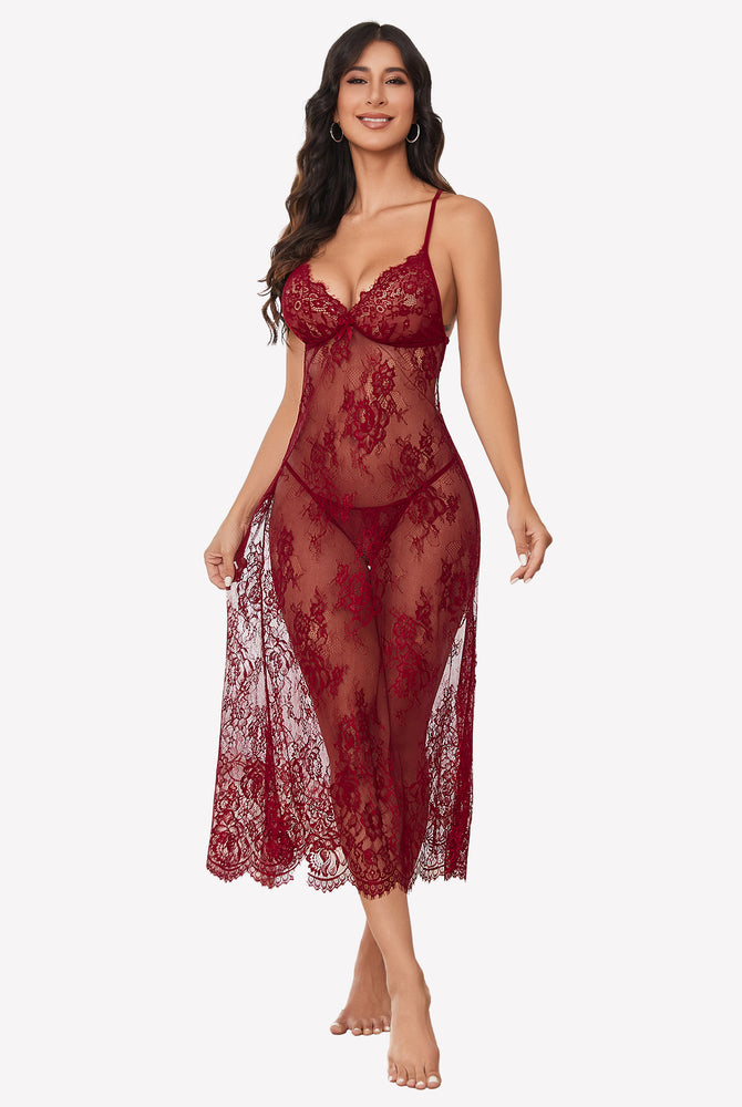 Burgundy floral lace halter lingerie dress with adjustable straps and intricate lace details.
