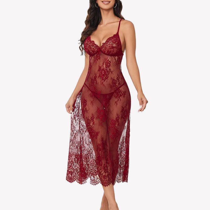Burgundy floral lace halter lingerie dress with adjustable straps and intricate lace details.