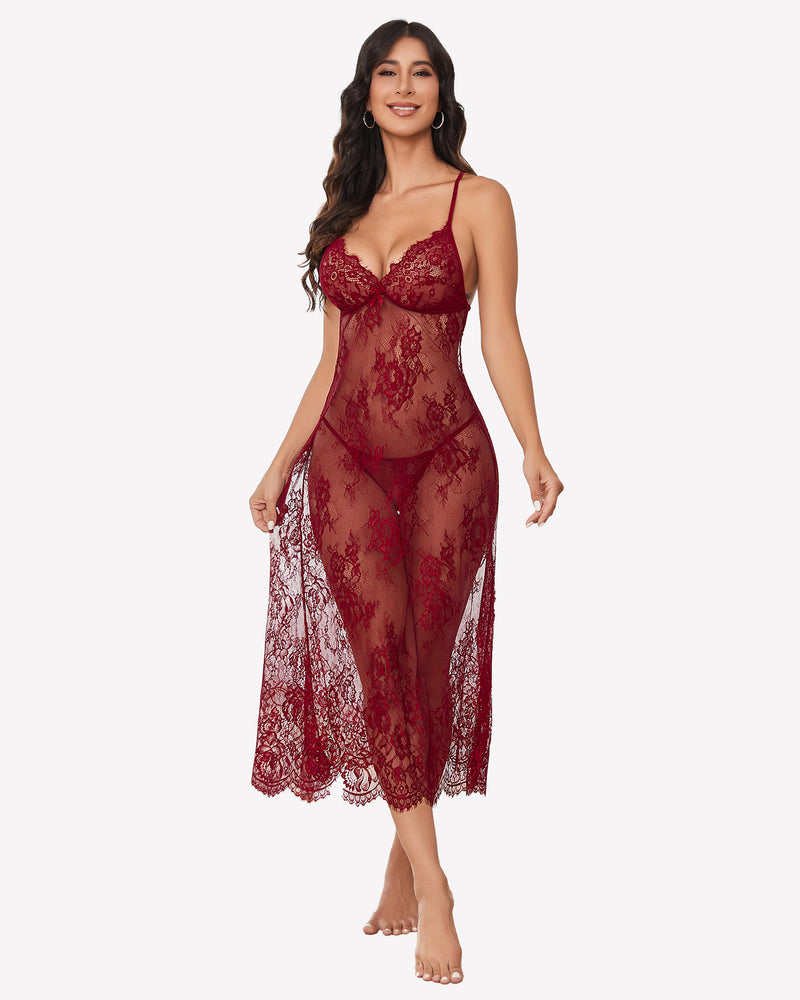 Burgundy floral lace halter lingerie dress with adjustable straps and intricate lace details.