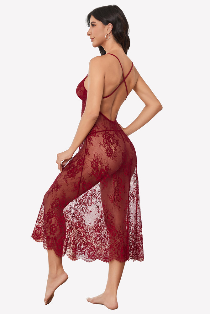 Floral lace halter lingerie dress in burgundy. Features delicate lace and adjustable straps.