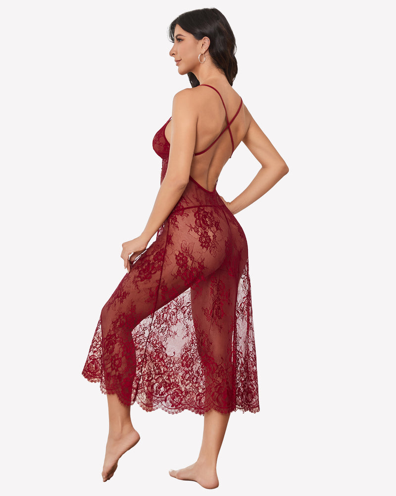 Floral lace halter lingerie dress in burgundy. Features delicate lace and adjustable straps.