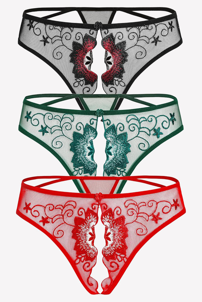 Floral embroidered thong panties in black, green, and red mesh with cutout sides.