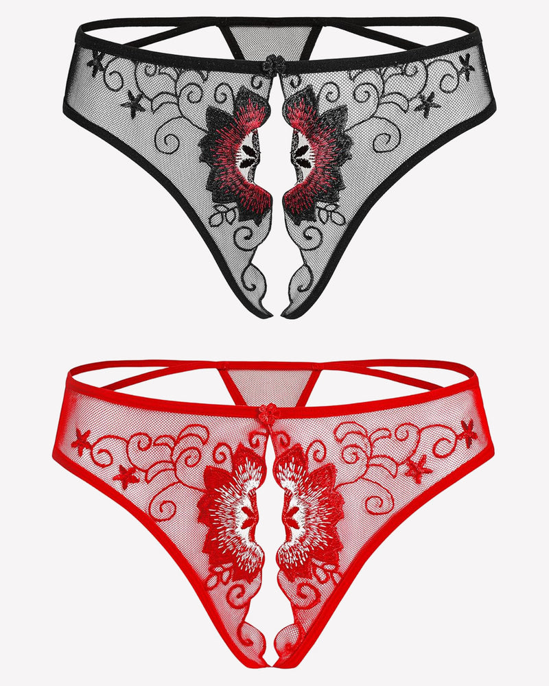 Floral embroidered thong panties in black and red. Low rise design, sexy lingerie for women.