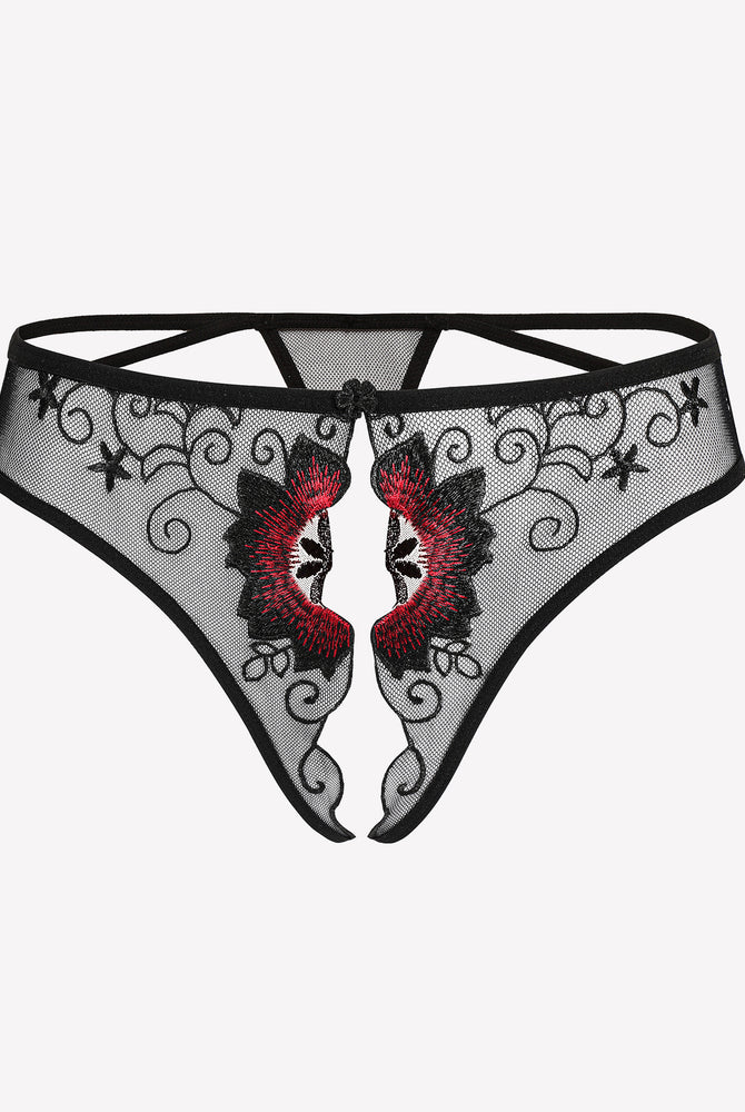 Black mesh floral embroidered thong panty with scalloped lace trim and crisscross straps.