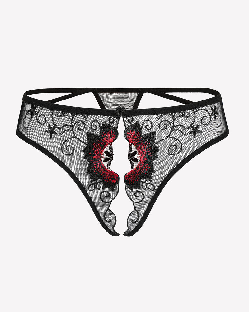 Black floral embroidered thong panties with red flower details, low rise design, sexy lingerie