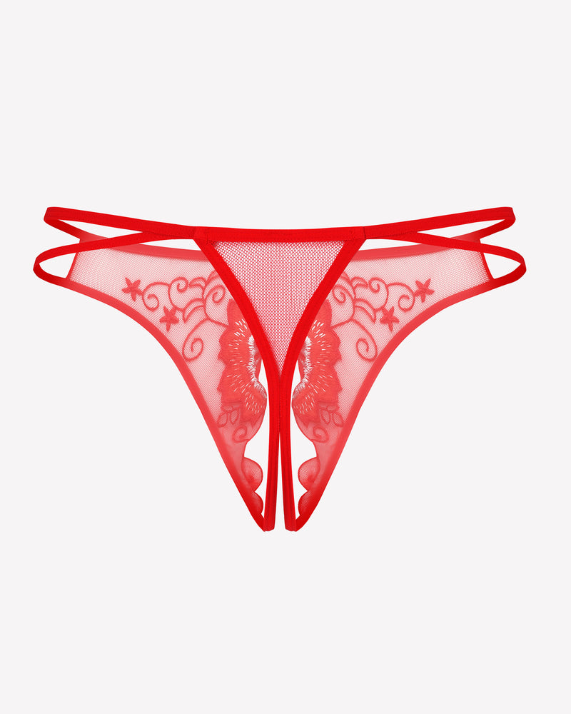 Red embroidered thong panties, low rise design, sexy lingerie, floral details.