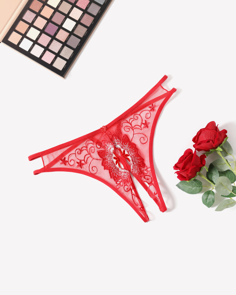 Red floral embroidered thong panties with low rise design. Sexy lingerie for women.