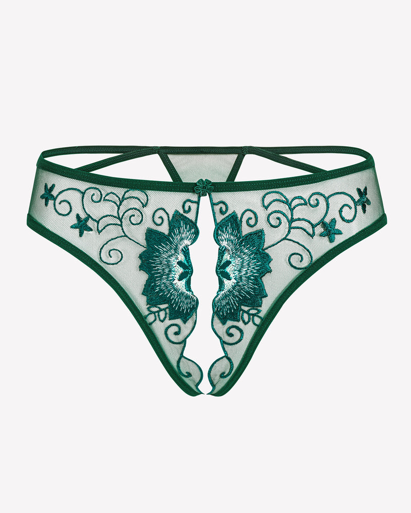 Emerald green floral embroidered thong panties. Low rise, sexy lingerie.