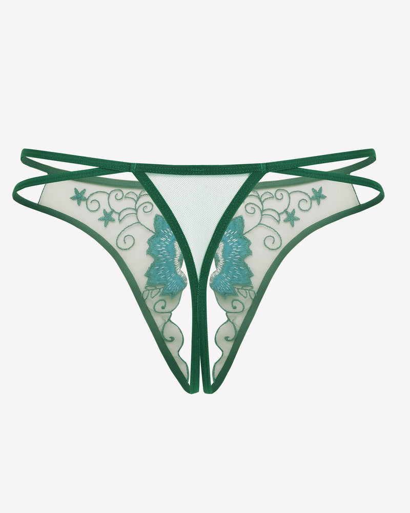Emerald green floral embroidered thong panties. Low rise, sexy lingerie with floral embroidery.