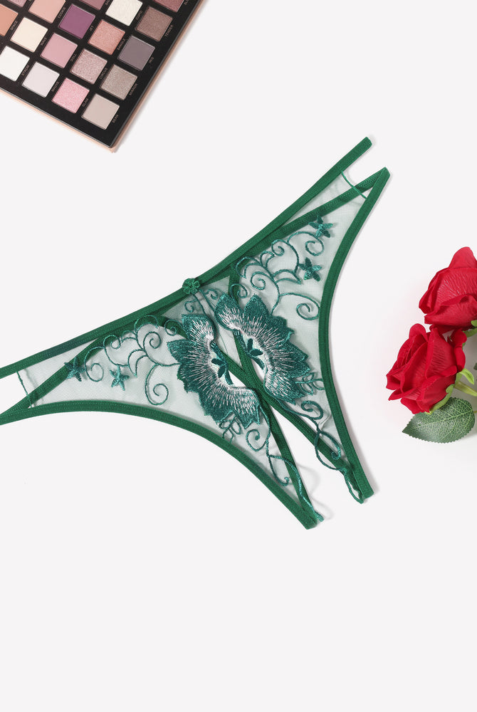Embroidered thong panties, sheer dark green with silver floral heart embroidery and lace trim