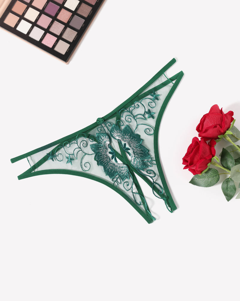 Green floral embroidered thong panties. Low rise design, sexy lingerie with floral embroidery.