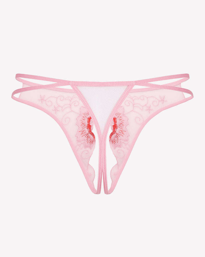 Pink floral embroidered thong panties with low rise design. Sexy lingerie for women.