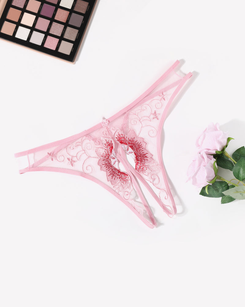 Pink floral embroidered thong panties with floral embroidery. Low rise, sexy lingerie for women.