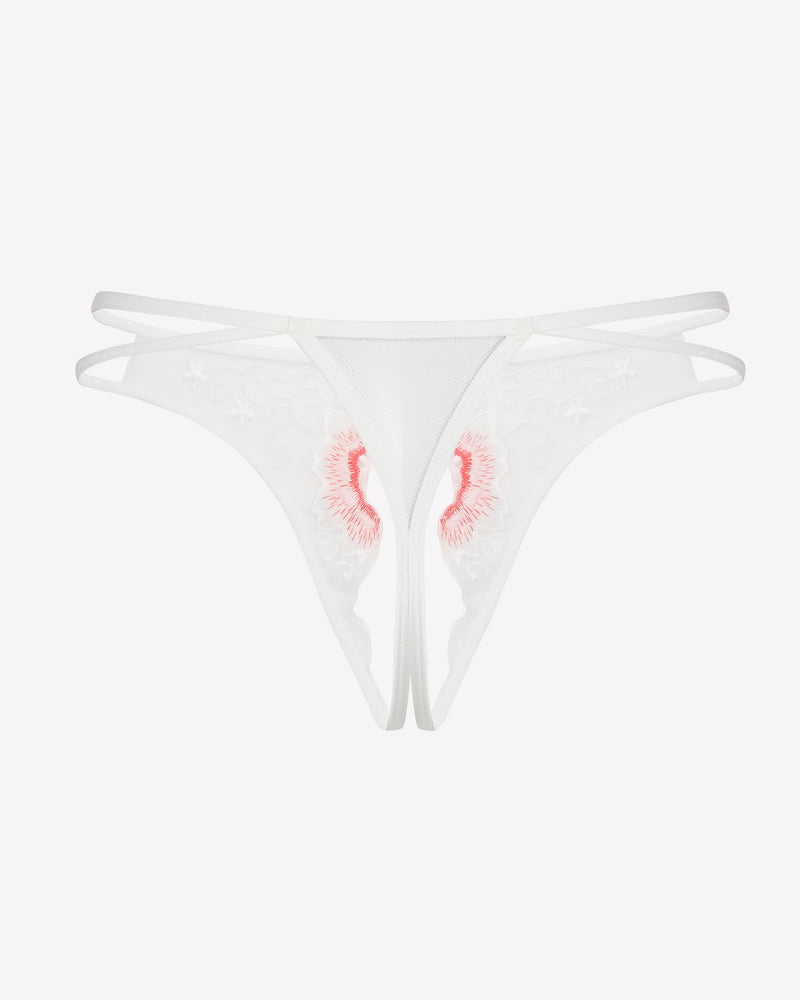 White floral embroidered thong panties with red accents, low rise design, sexy lingerie
