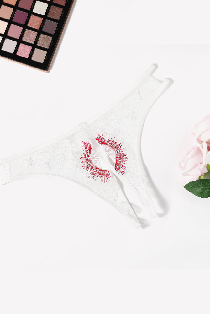 Embroidered thong panties, sheer white with red floral heart embroidery and lace waistband