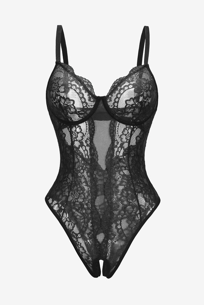 Black lace Deep V cut-out one piece lingerie with adjustable straps and backless design