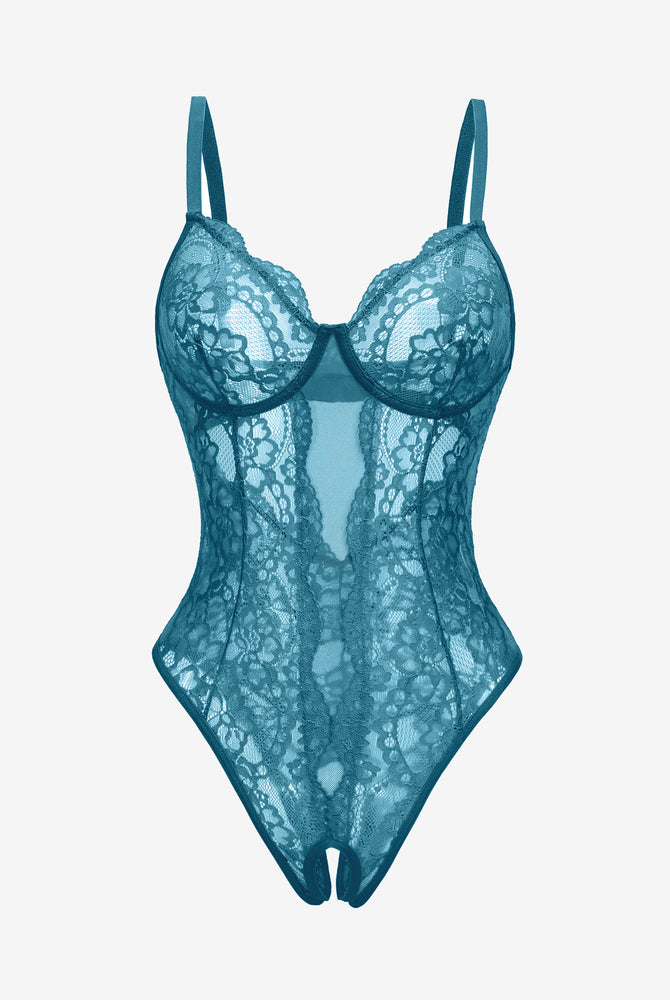 Teal floral lace Deep V cut-out one piece lingerie with adjustable straps and sexy backless design