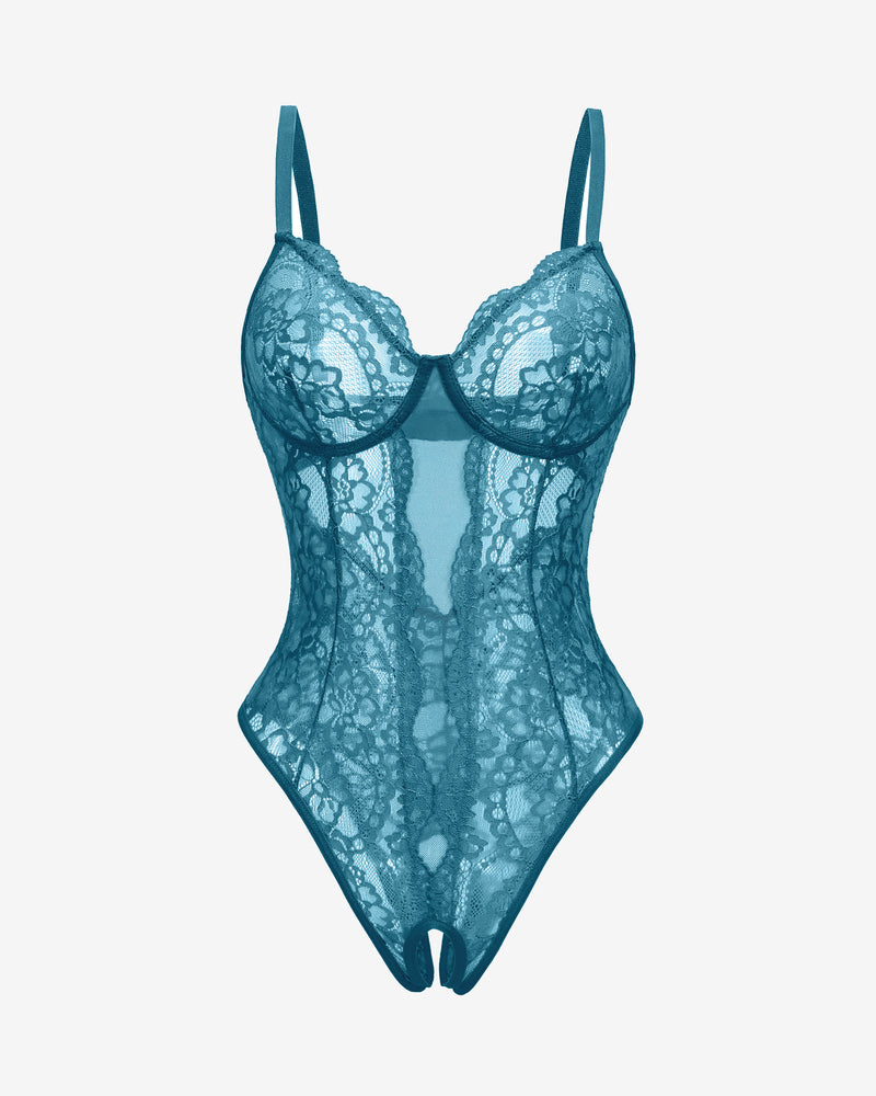 Teal floral lace Deep V cut-out one piece lingerie with adjustable straps and sexy backless design