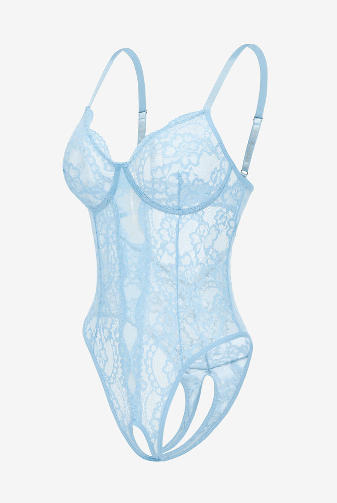 Light blue floral lace Deep V cut-out one piece lingerie. Adjustable straps and backless design.