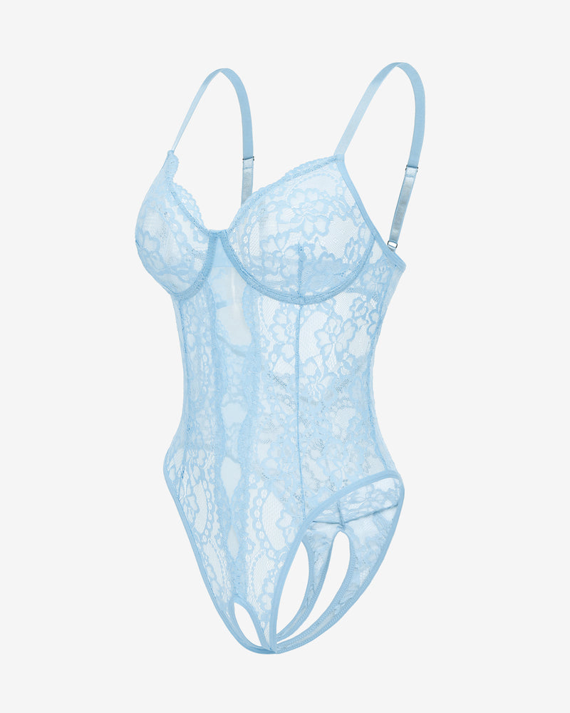 Light blue floral lace Deep V cut-out one piece lingerie. Adjustable straps and backless design.