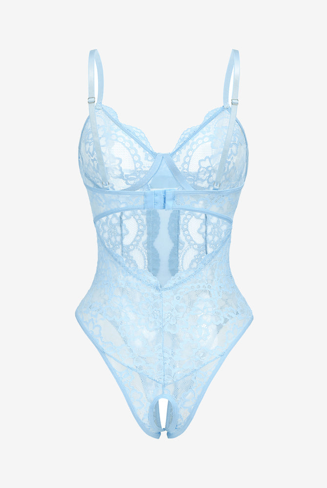 Light blue floral lace Deep V cut-out one piece lingerie with adjustable straps and backless design.