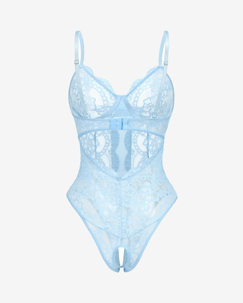 Light blue floral lace Deep V cut-out one piece lingerie with adjustable straps and backless design.
