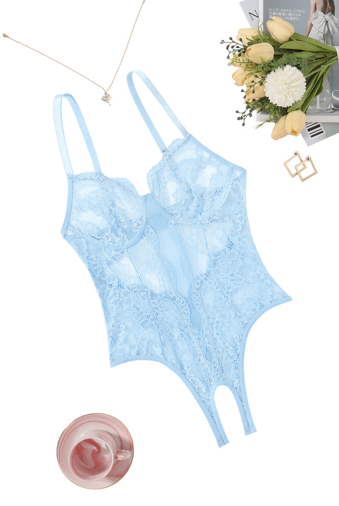 Light blue floral lace Deep V cut-out one piece lingerie with adjustable straps and backless design