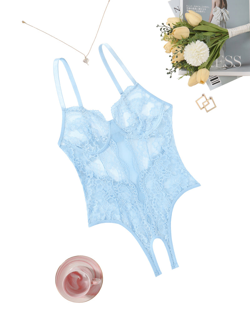 Light blue floral lace Deep V cut-out one piece lingerie with adjustable straps and backless design