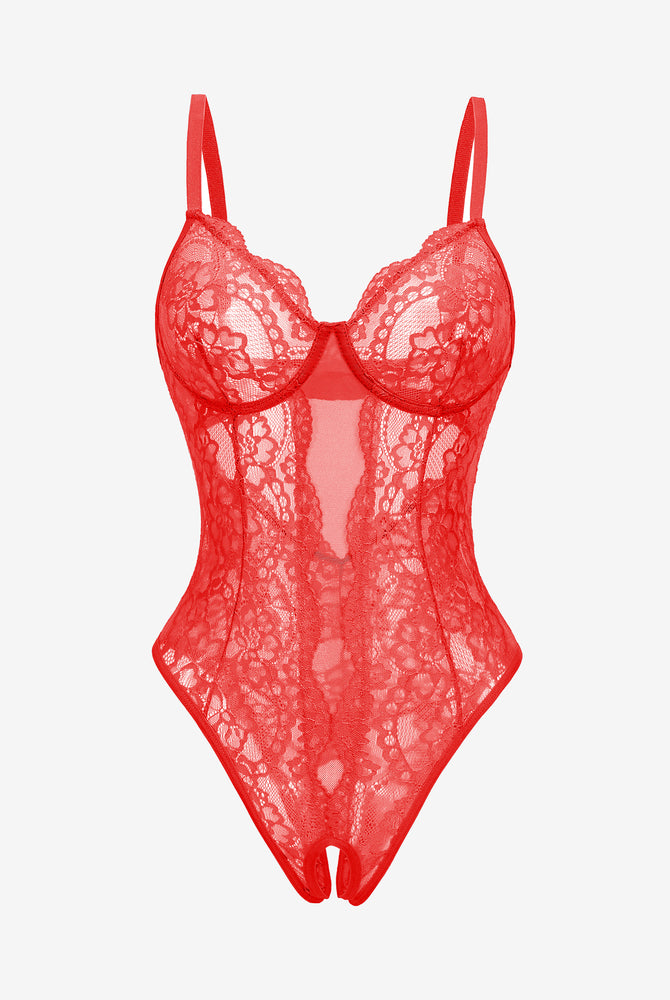 Red floral lace Deep V cut-out one piece lingerie with adjustable straps and backless design