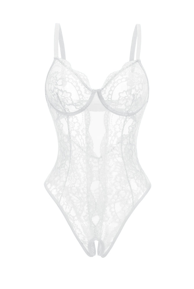 White floral lace Deep V cut-out one piece lingerie with adjustable straps and backless design