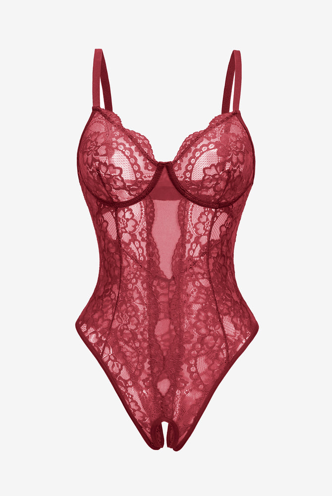 Burgundy lace deep V cut out one piece lingerie with adjustable straps and backless design