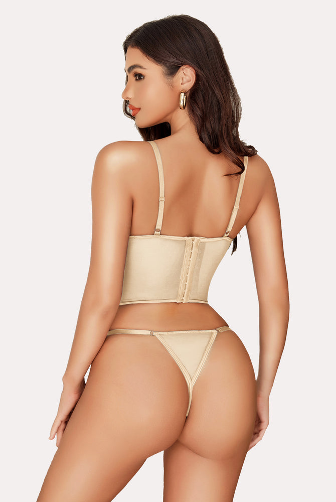 Beige corset tank top and thong set, sexy lingerie, adjustable straps, slimming effect, Avidlove
