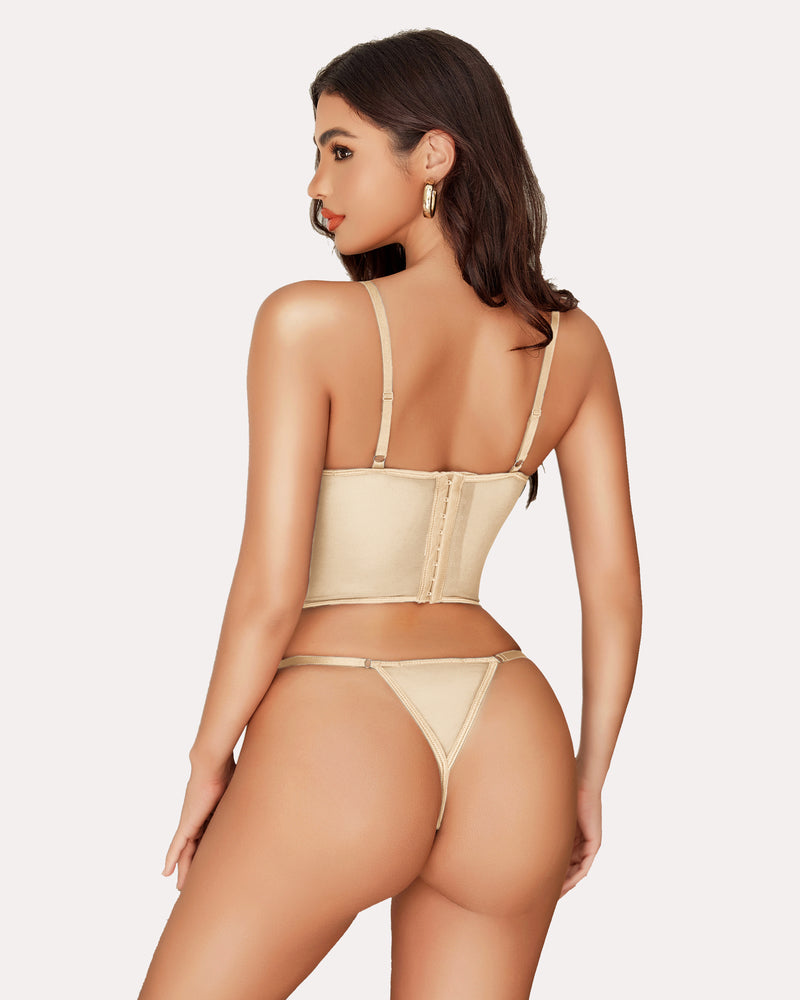 Beige corset tank top and thong set, sexy lingerie, adjustable straps, slimming effect, Avidlove