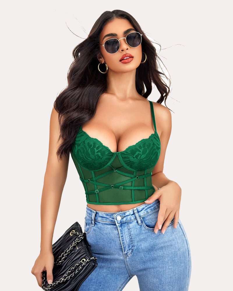 Green lace corset tank top with floral embroidery, sexy lingerie, paired with jeans and sunglasses