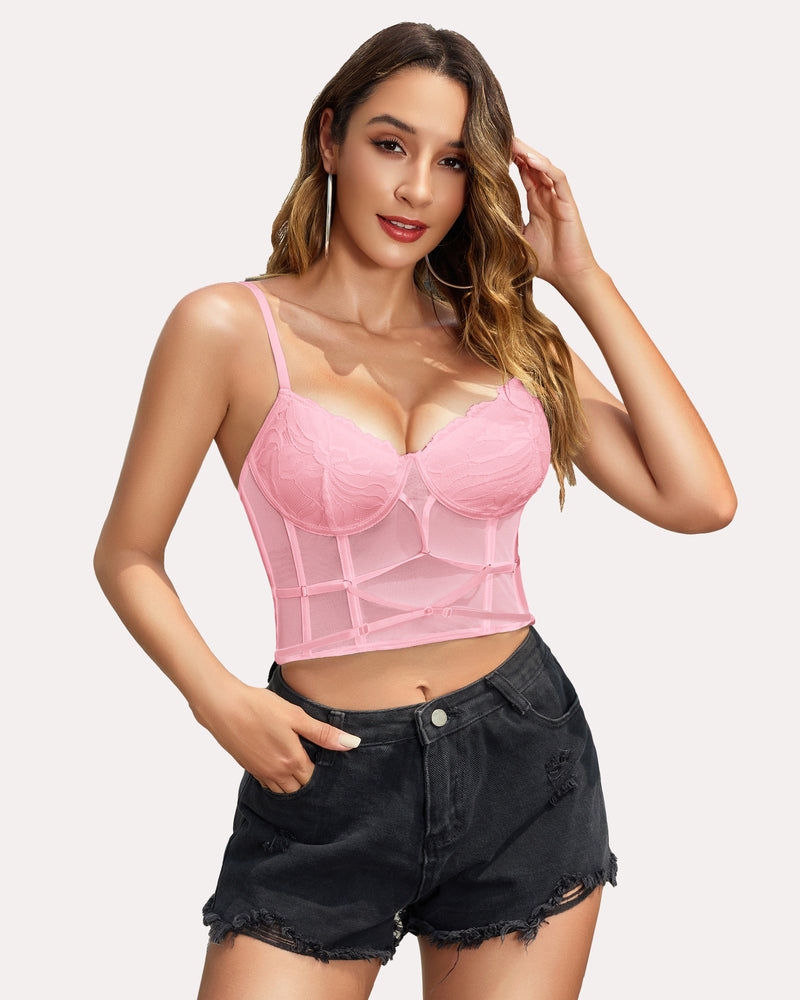 Pink lace corset tank top with thong, floral embroidery, slimming effect, black shorts