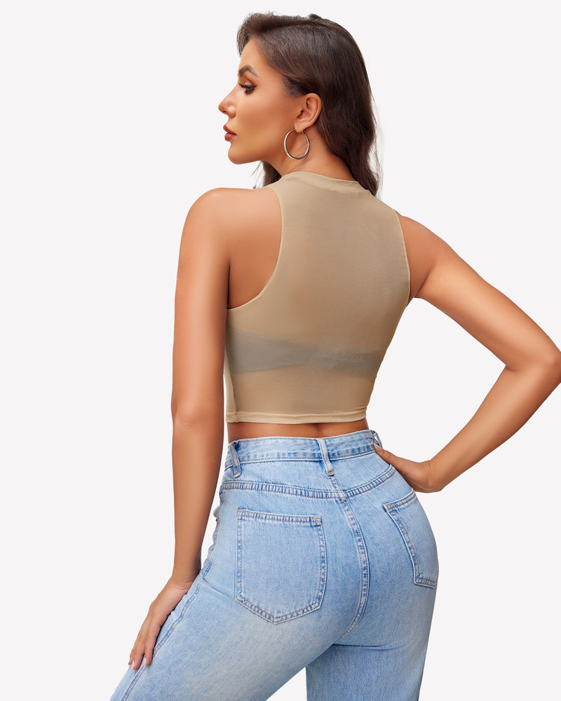 Beige mesh crop top with jeans, a stylish and sexy outfit for women