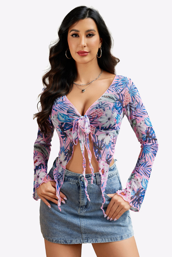 Floral mesh crop top, tie front, Y2K style, with denim mini skirt. Sexy lingerie.