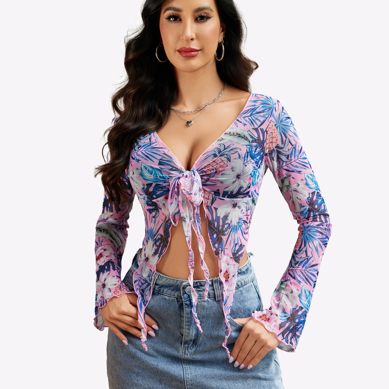 Floral mesh crop top, tie front, Y2K style, with denim mini skirt. Sexy lingerie.