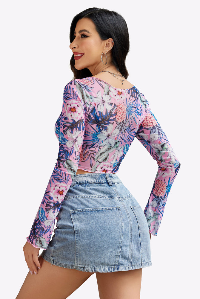 Y2K floral mesh crop top with long sleeves and denim skirt. Tropical print. Sexy lingerie.