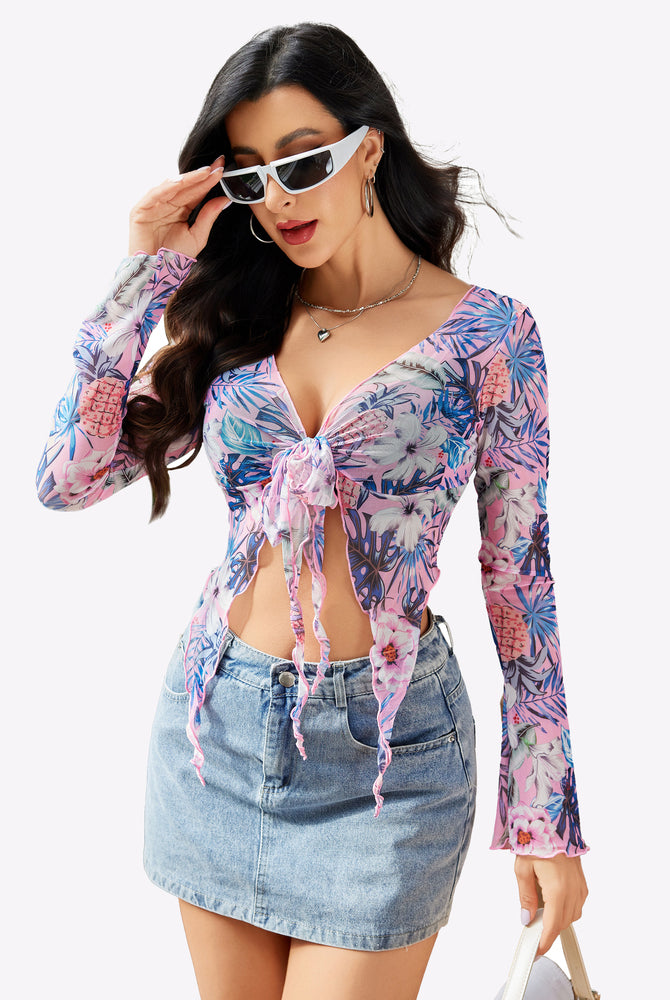Y2K floral mesh tie front crop top, denim skirt. Long sleeve lingerie. Sexy style.
