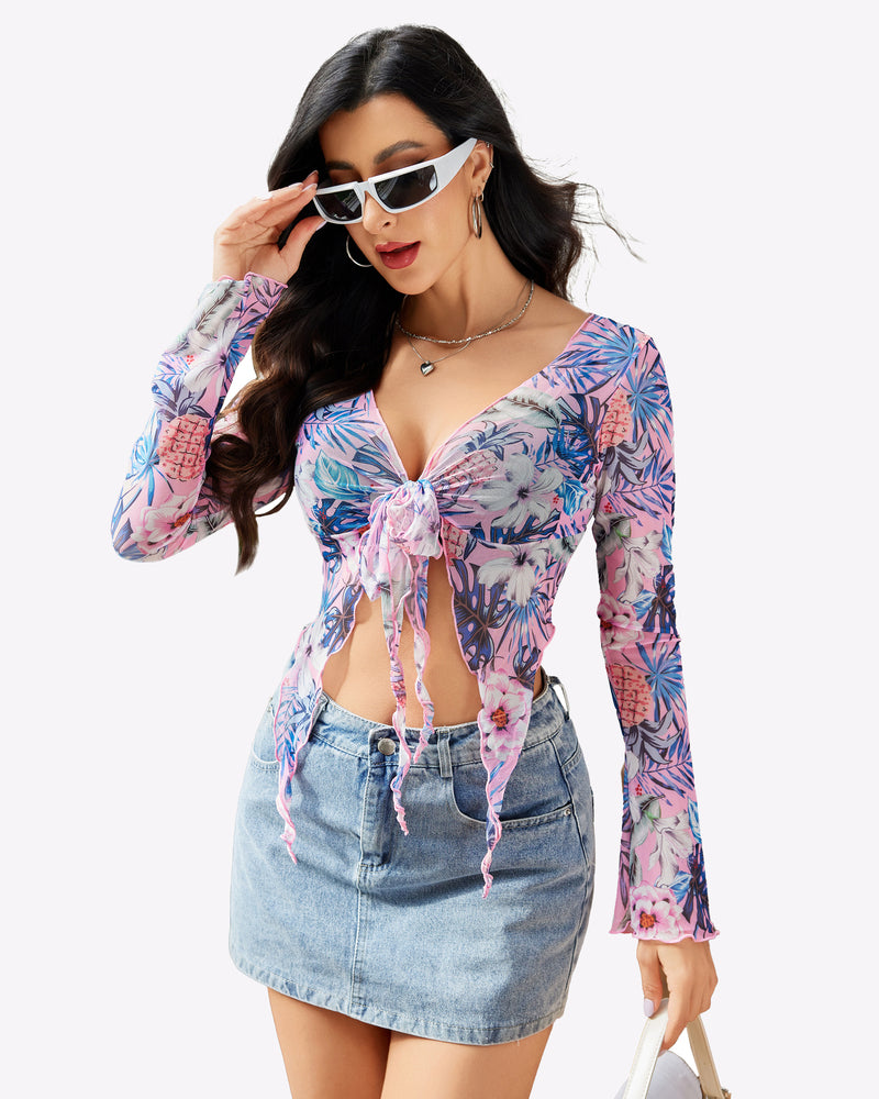 Y2K floral mesh tie front crop top, denim skirt. Long sleeve lingerie. Sexy style.