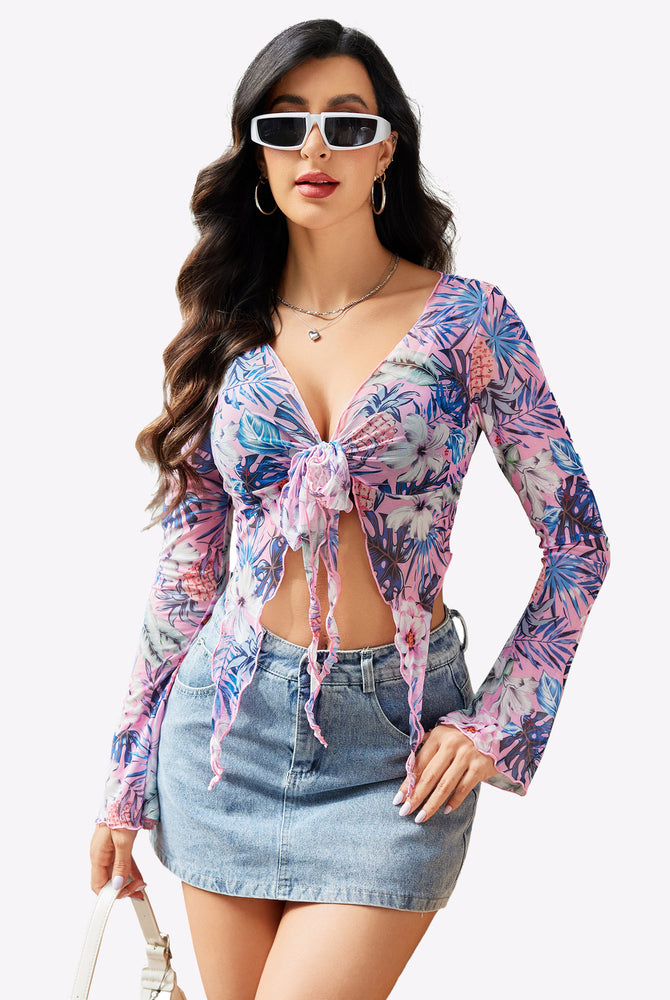 Y2K floral mesh crop top with tie front and denim mini skirt. Sexy lingerie.