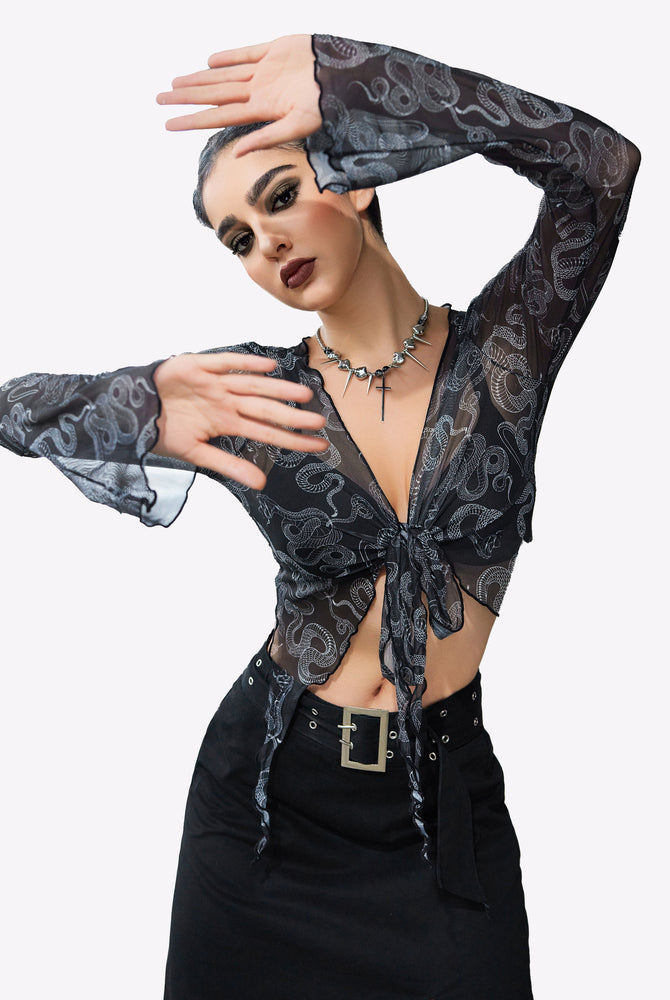 Snake print mesh crop top, Y2K style, tie front. Long sleeves. Sexy lingerie.