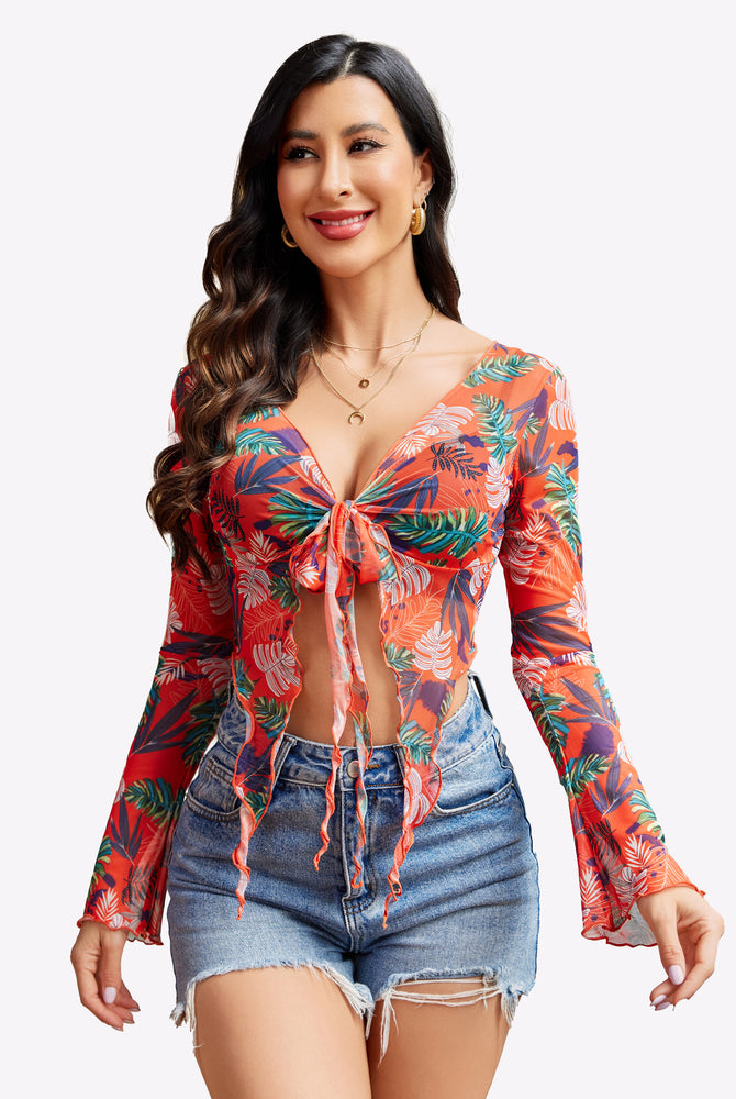 Y2K floral mesh crop top with tie front, denim shorts. Long sleeve lingerie. Sexy style.
