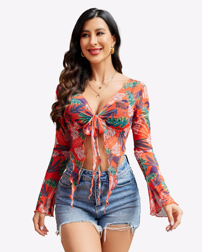 Y2K floral mesh crop top with tie front, denim shorts. Long sleeve lingerie. Sexy style.